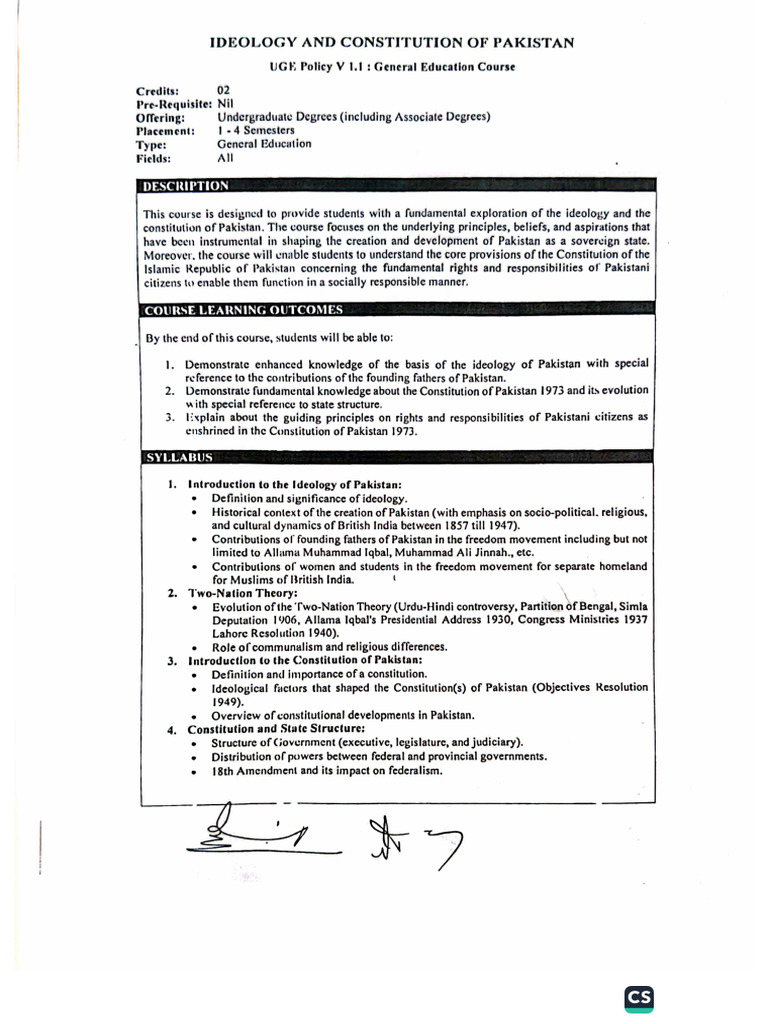 Ideology and Constitution of Pakistan, Course Outline | PDF