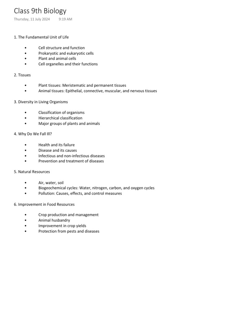 Class 9 Biology Overview | PDF