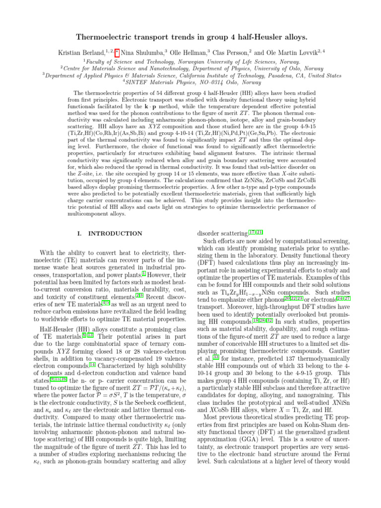 Thermoelectric Transport Trends in Group 4 Half-Heusler Alloys | PDF ...