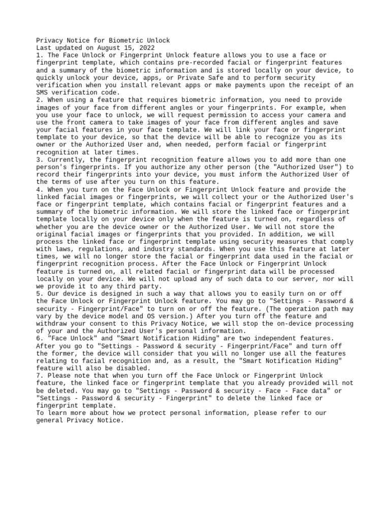 Privacy notice for biometric unlock pdf biometrics fingerprint