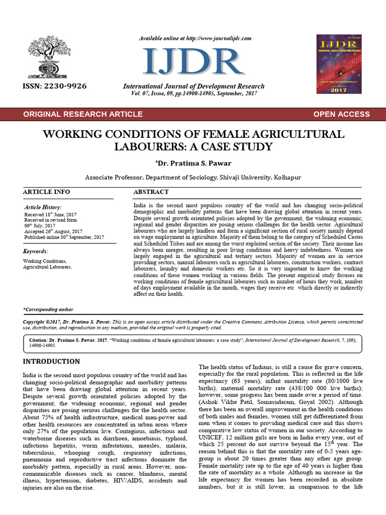 Working Conditions of Female Agricultural Labourers: A Case Study | PDF ...