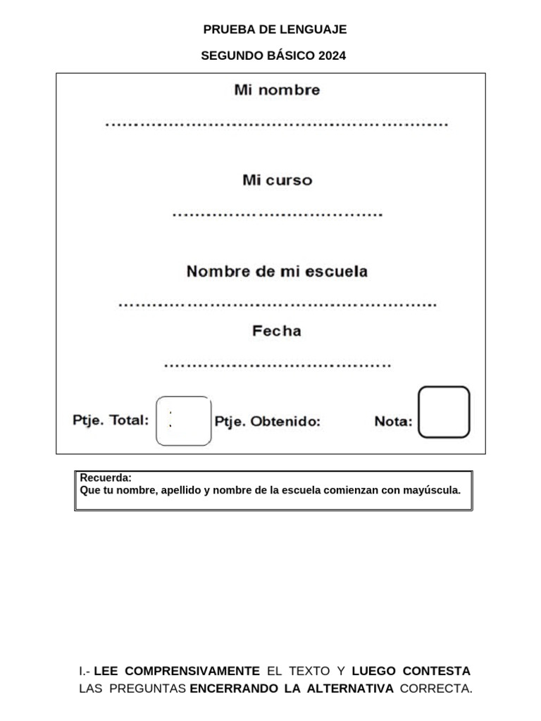 Prueba de Lenguaje Segundo Básico 2024 | PDF | Estudios de idiomas ...