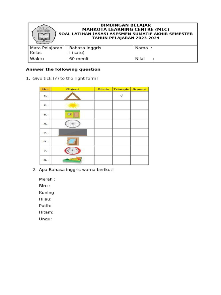 ASAS ENGLISH KELAS 1 | PDF