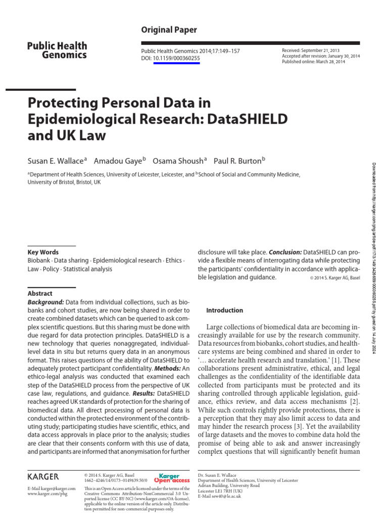 Protecting Personal Data in Epidemiological Research: Datashield and Uk ...