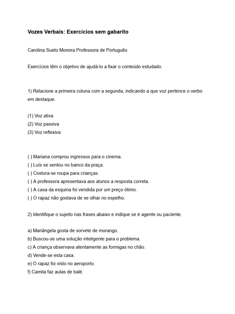 Exercícios de Vozes Verbais para 7º Ano | PDF