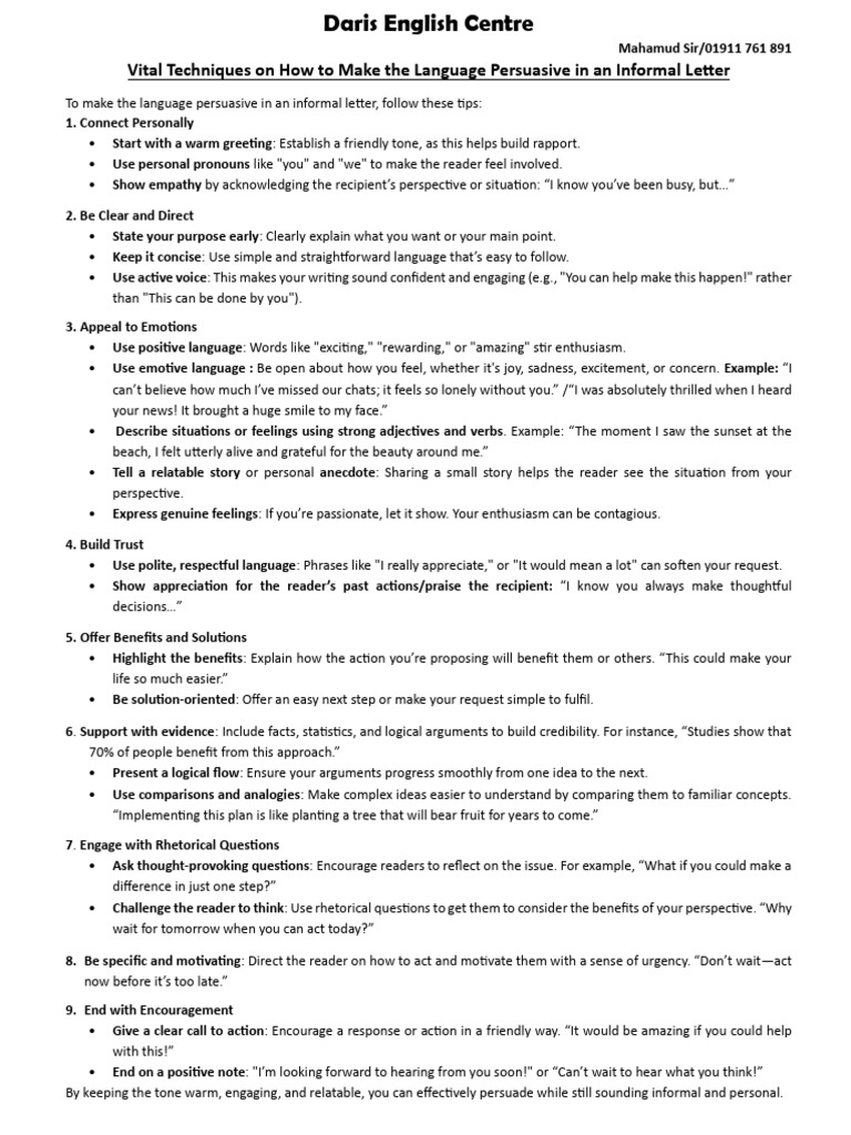 Persuasive Language Tips for Informal Letters | PDF | Linguistics ...