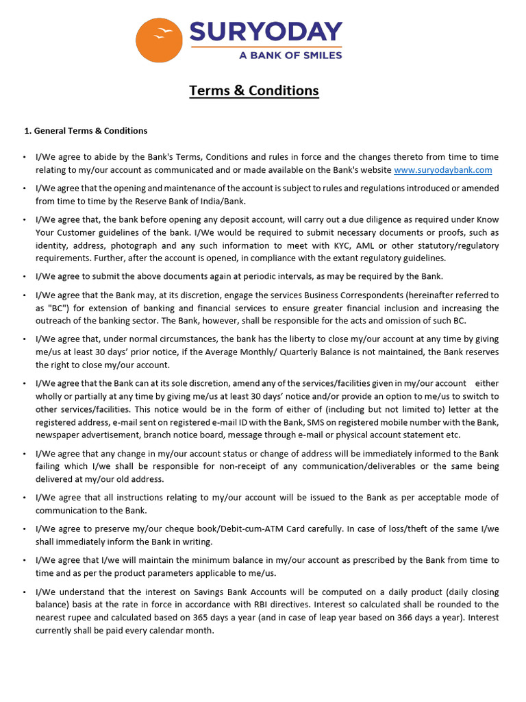Suryoday Bank Account Terms & Conditions | PDF | Banks | Identity Document