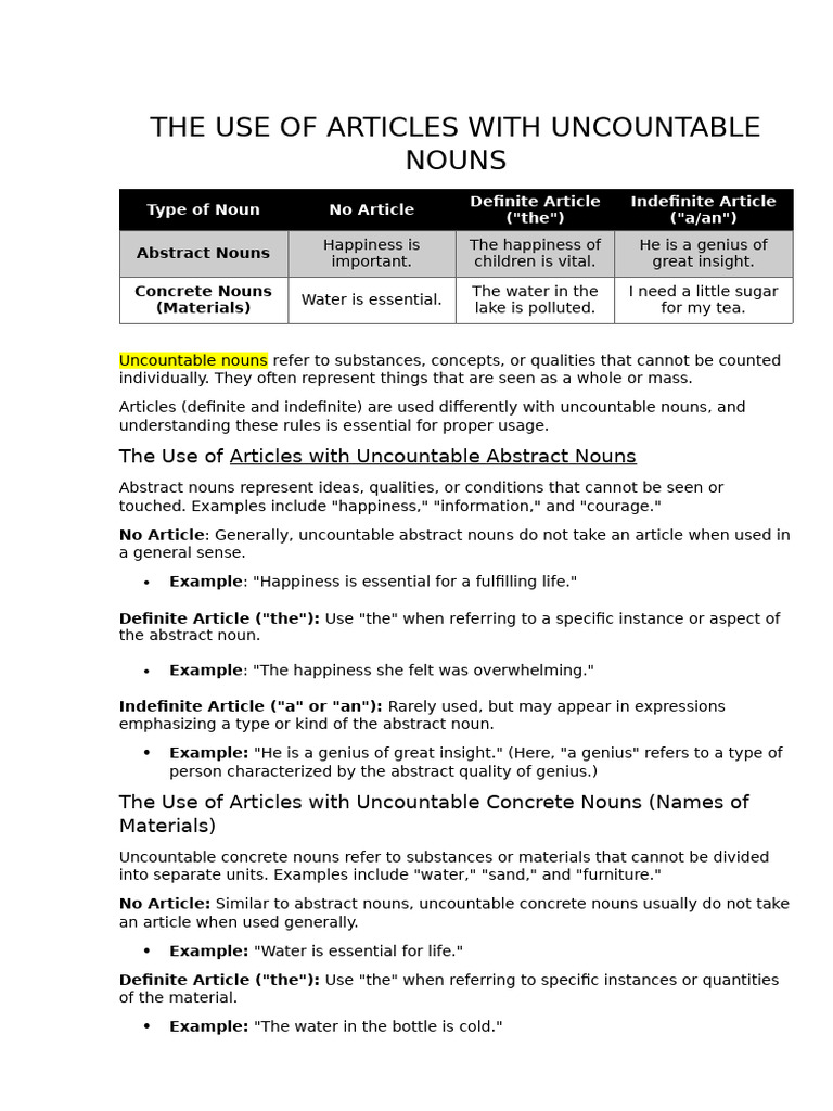 Articles with Uncountable Nouns Guide | PDF | Noun | Grammatical Number
