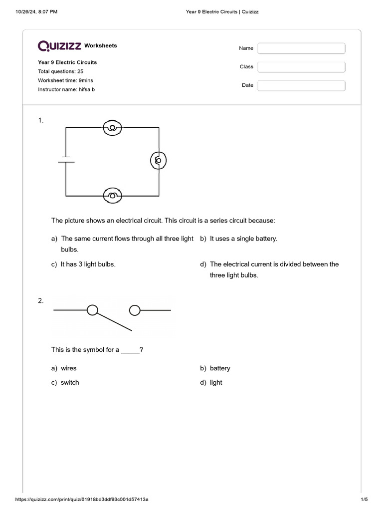 Year 9 Electric Circuits Worksheet | PDF | Voltage | Electrical ...
