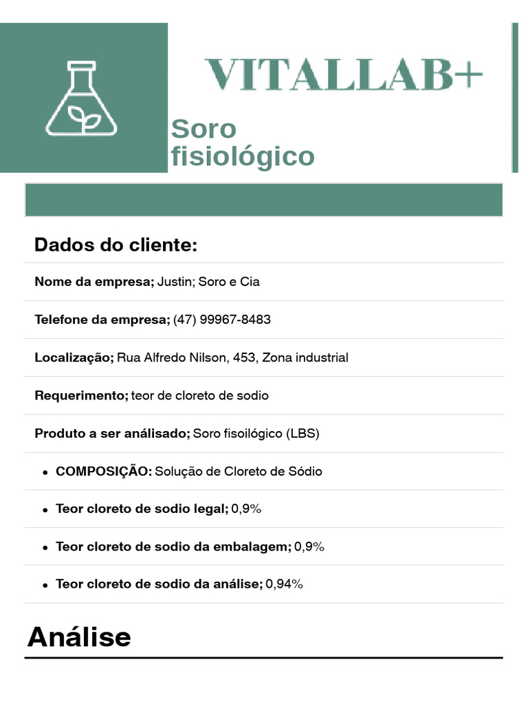 Soro Fisiológico: Análise de Cloreto de Sódio 0,94% | PDF | Ciências e ...