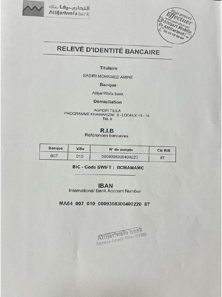 RIB Attijariwafabank Tilila | PDF