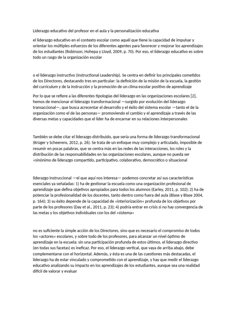 Liderazgo Educativo Del Profesor en El Aula y La Personalización ...