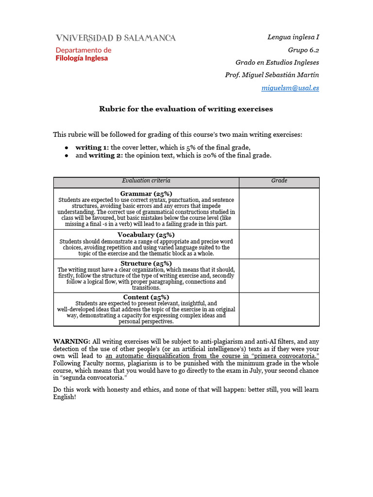 Writing Evaluation Rubric for English | PDF | Rubric (Academic) | Grammar