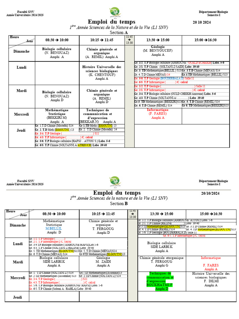 Emploi du temps L1 et L2 Biologie 2024 | PDF | Nutrition | Régime et ...