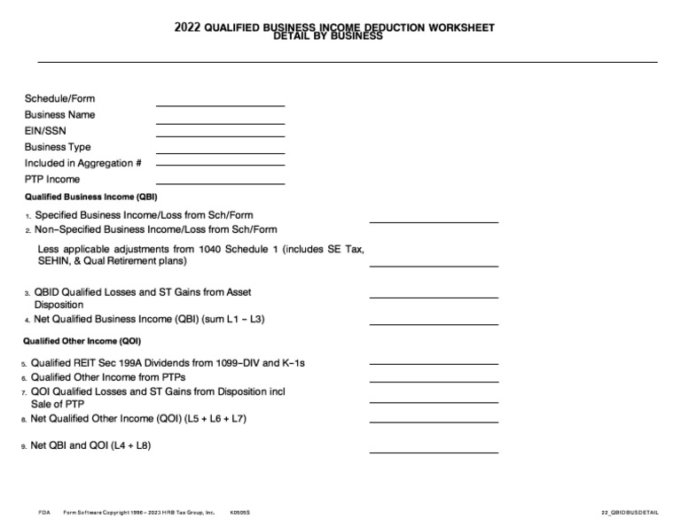2022 Qualified Business Income Deduction Worksheet Detail by Business
