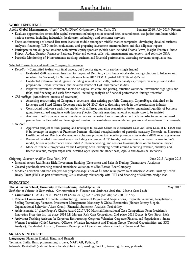 Aastha Jain PE CV | PDF | Leveraged Buyout | Capital Structure