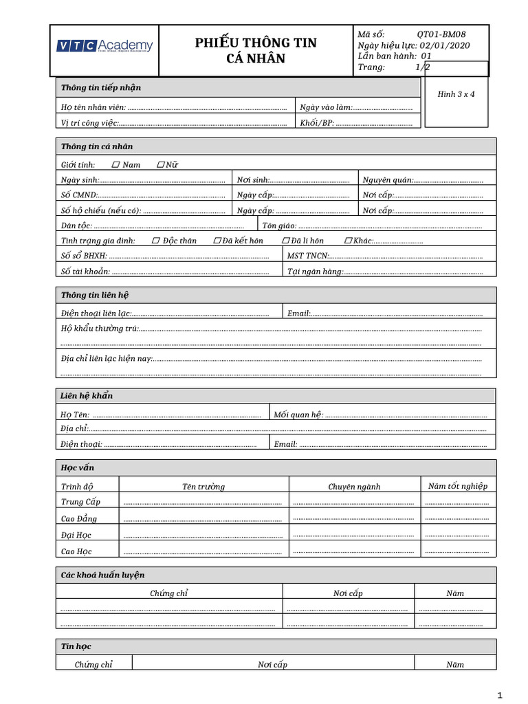 HCNS - QT01-BM01 Phieu Thong Tin Ca Nhan | PDF