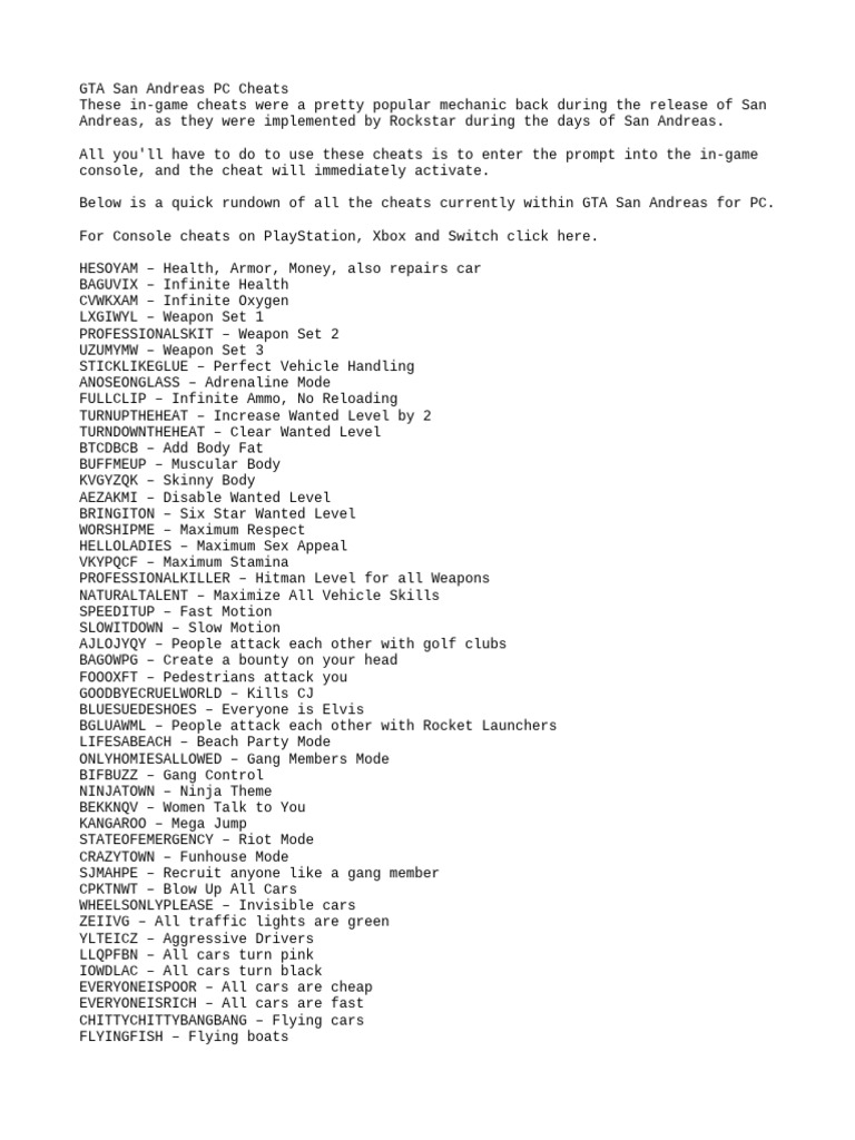 GTA San Andreas PC Cheat Codes Guide | PDF | History
