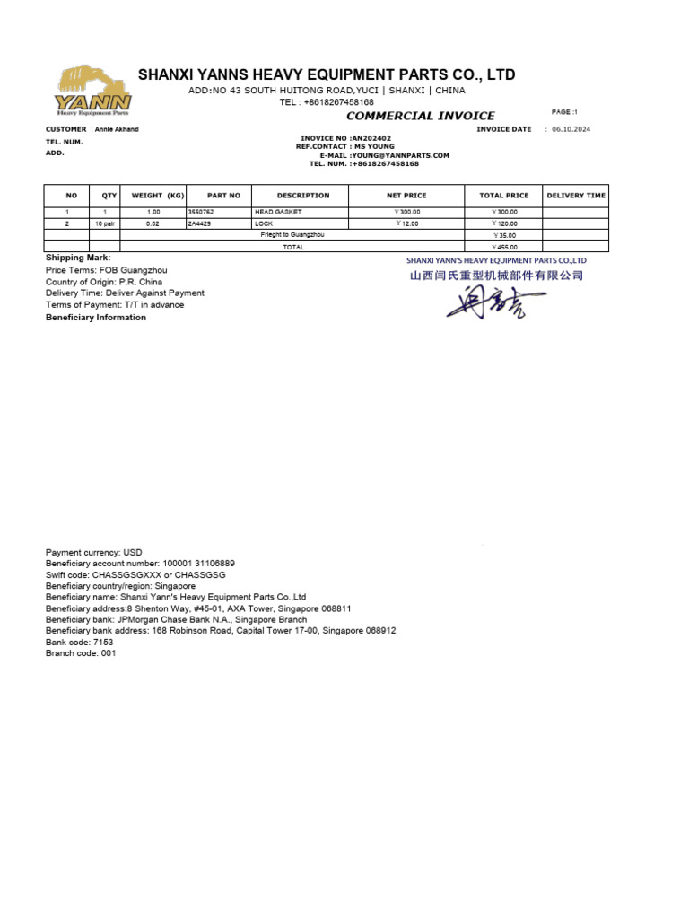 Invoice for Heavy Equipment Parts | PDF
