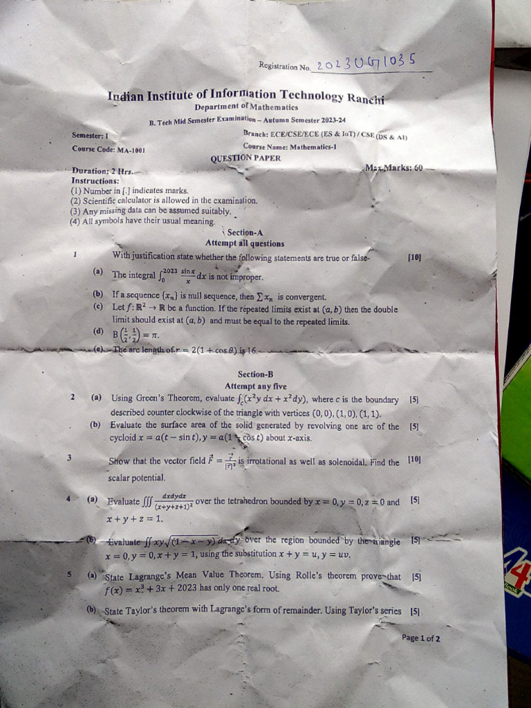 B. Tech Mid Semester Exam Questions 2023-24 | PDF | Mathematics | Physics