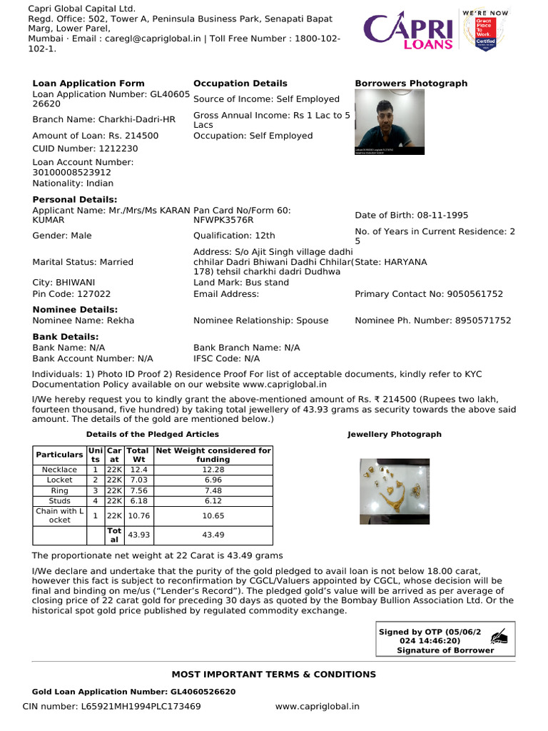 Gold Loan Application Form Details | PDF | Loans | Interest
