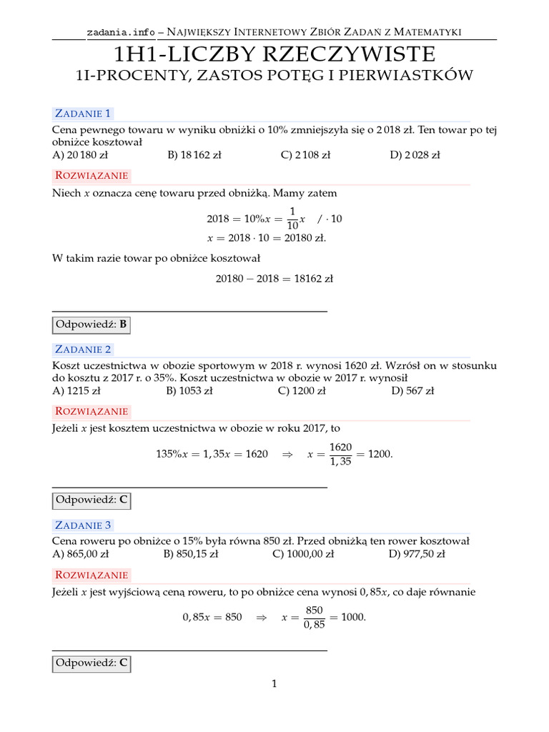 1h1-Procenty, Procent Składany, Zastos Potęg I Pierwiastków - Rozw | PDF