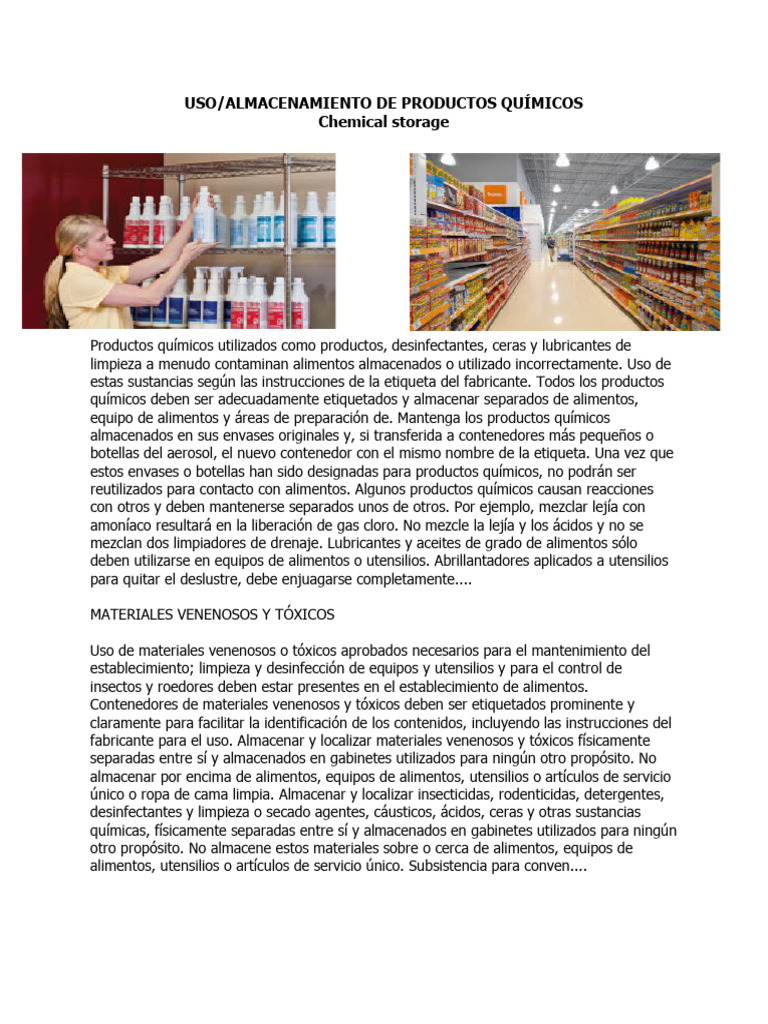 Use Storage of Chemicals Spanish PDF Alimentos Blanqueador
