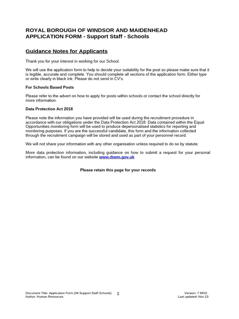 Support Staff Application Guidance | PDF