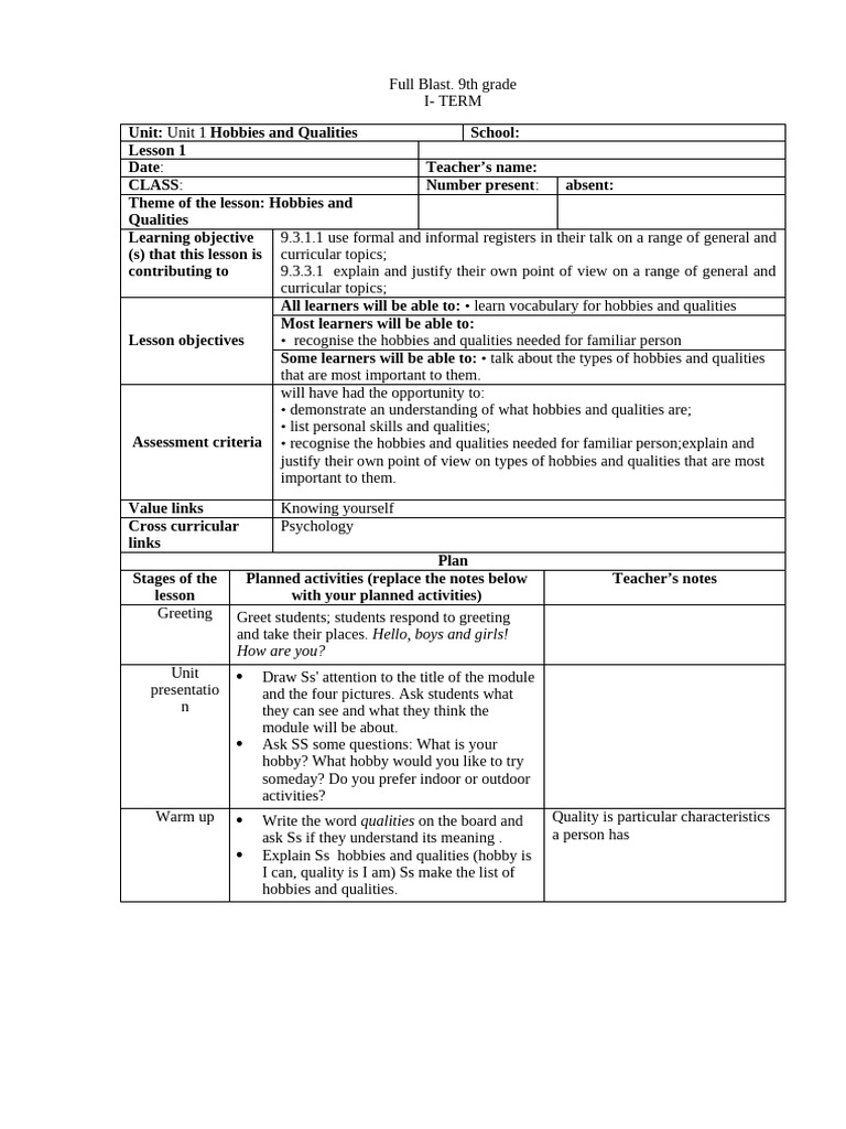 9th Grade Hobbies and Family Lesson Plan | PDF | Learning | Educational ...