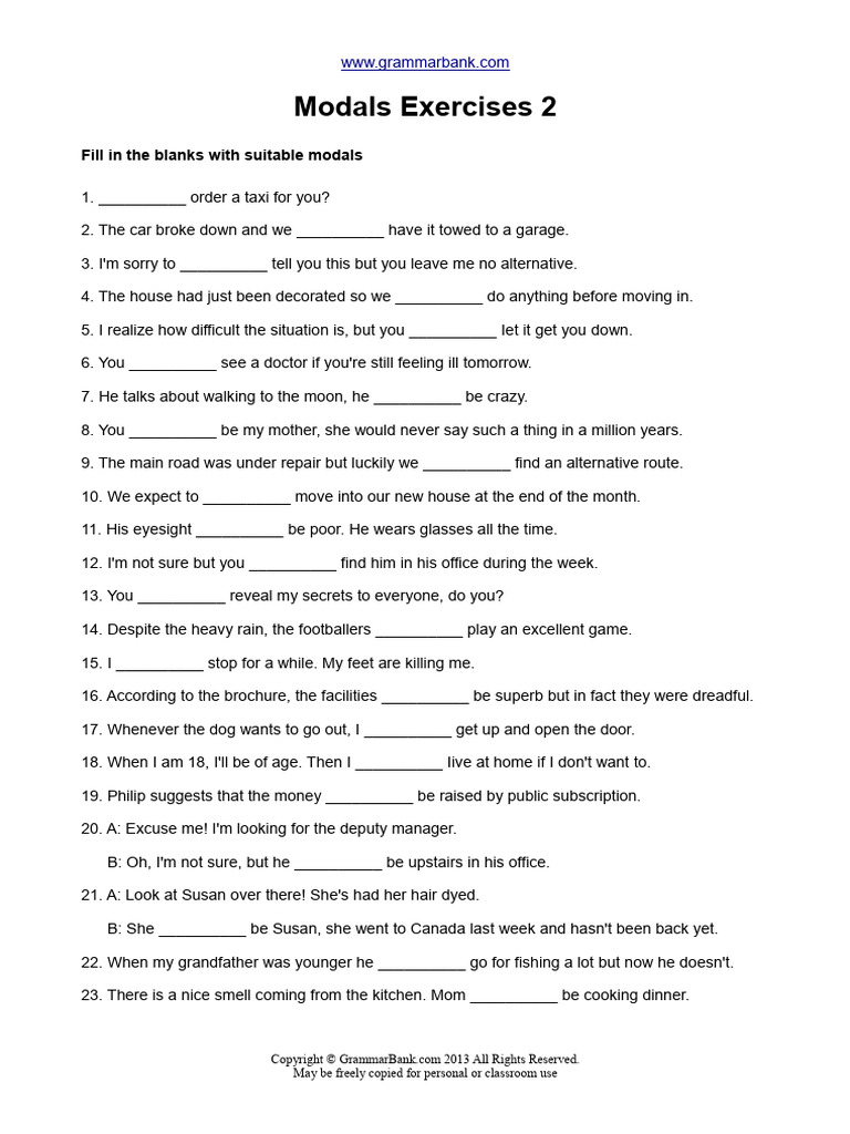 Modals Exercises Autor GrammarBank | PDF | Language Arts & Discipline