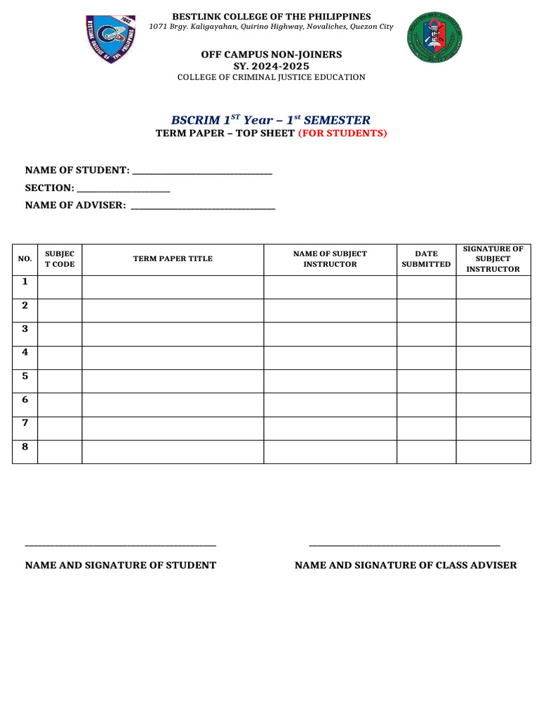 Top Sheet For Students Termpaper | PDF
