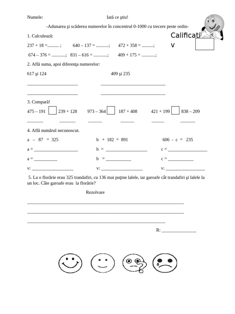 Test Adunarea Si Scaderea 01000 | PDF