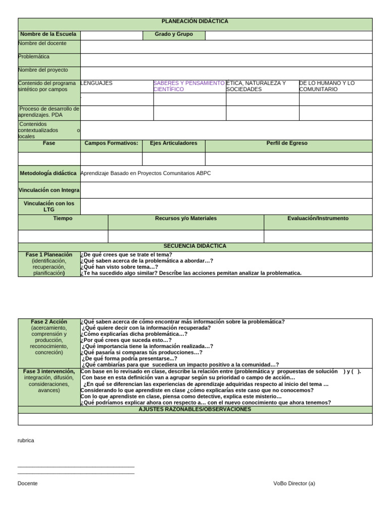 Formato Planeación Aprendizaje Basado en Proyectos Comunitarios | PDF ...