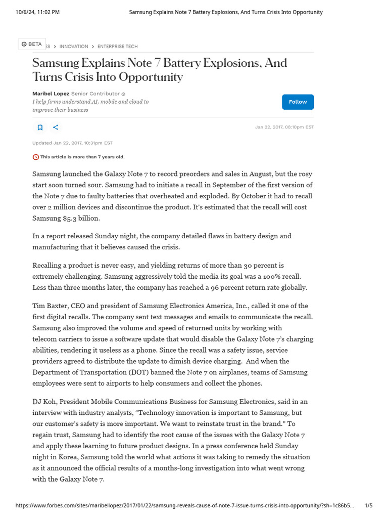 Samsung's Note 7 Crisis Management Insights | PDF | Electricity