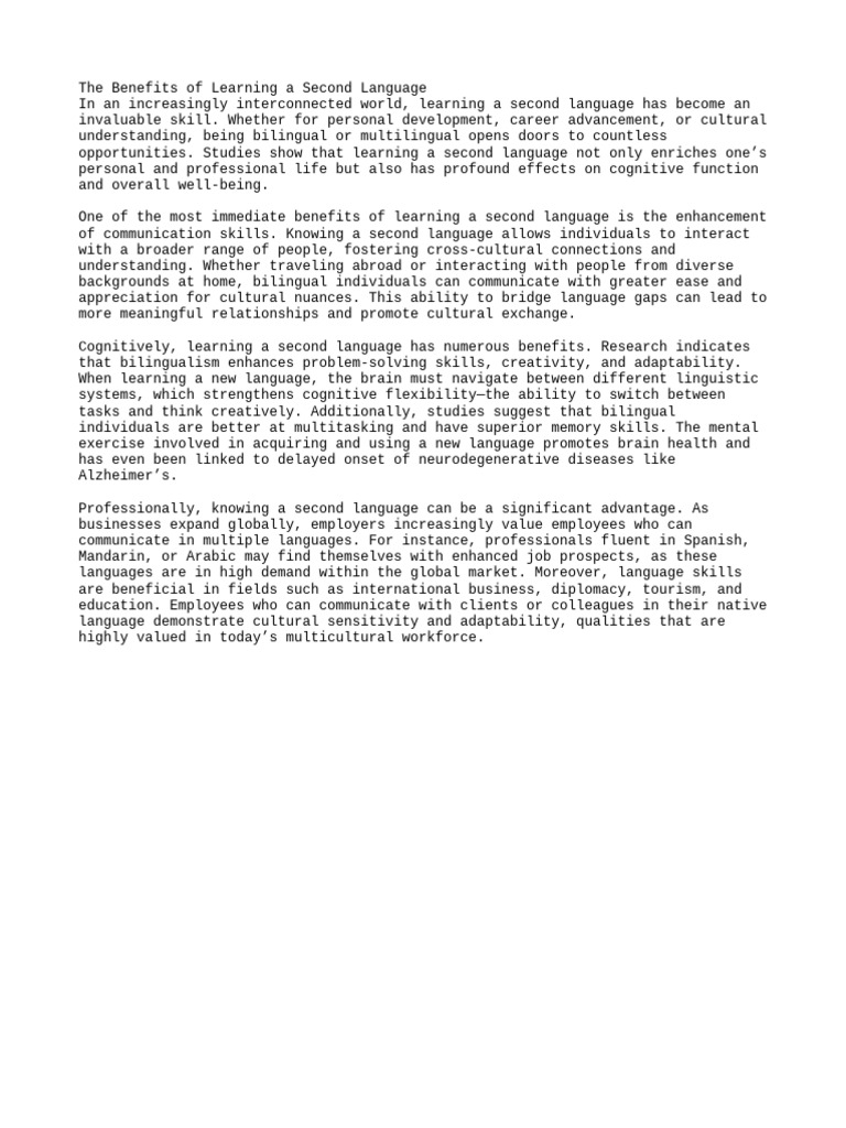 Benefits of Learning a Second Language | PDF | Language Arts & Discipline