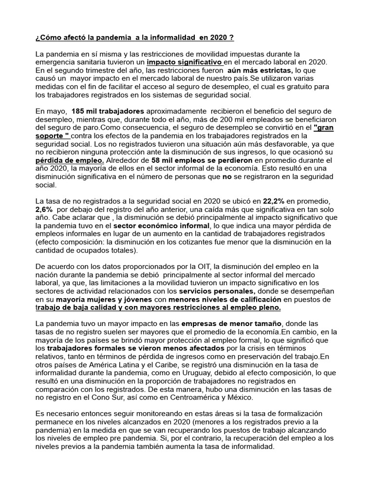 Impacto de la Pandemia en la Informalidad 2020 | PDF | Empleo | Desempleo