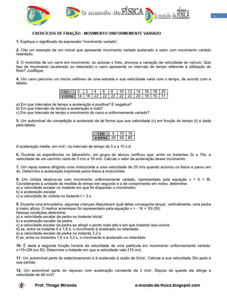 Exercícios sobre Movimento Uniformemente Variado | PDF | Velocidade ...