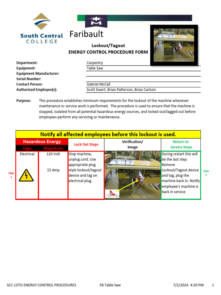 Faribault Table Saw Lockout Procedure | PDF