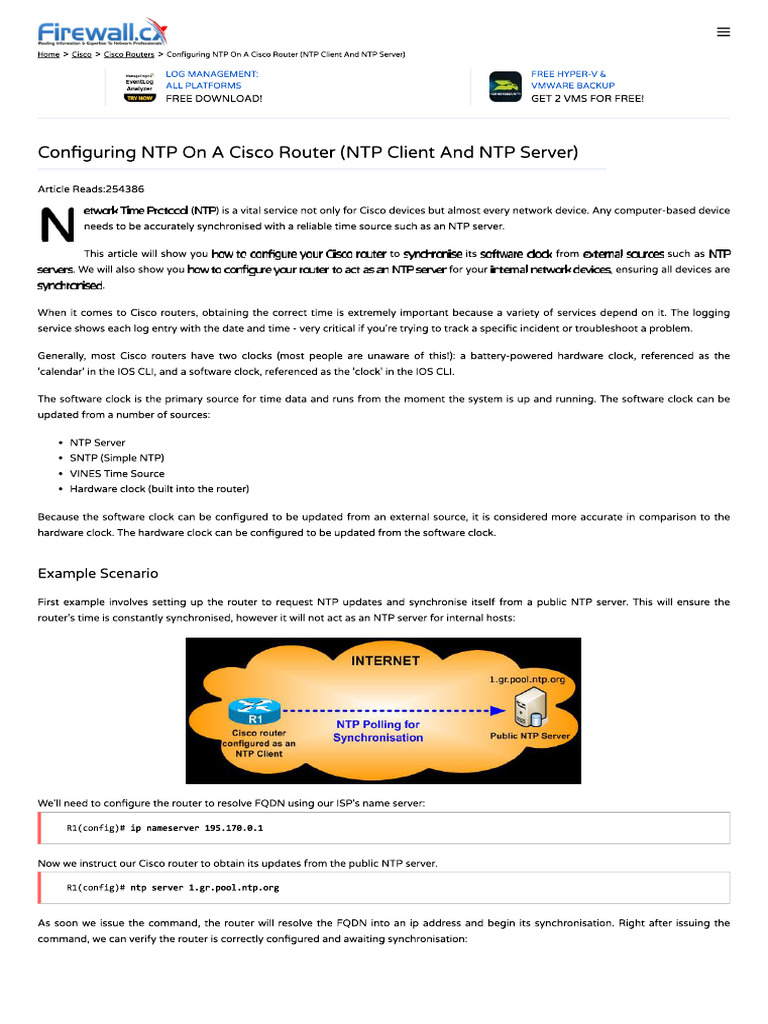 Configuring NTP On A Cisco Router (NTP Client and NTP Server) | PDF