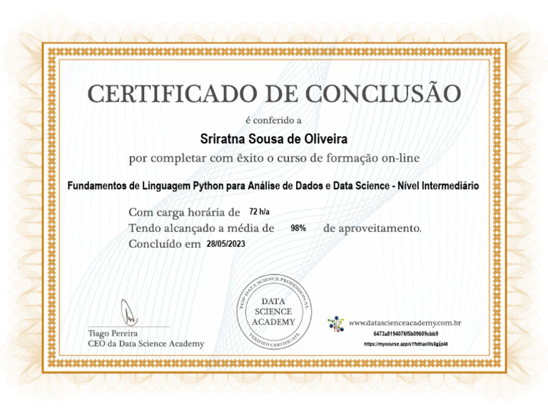 Certificate Fundamentos de Linguagem Python para Analise de Dados e ...