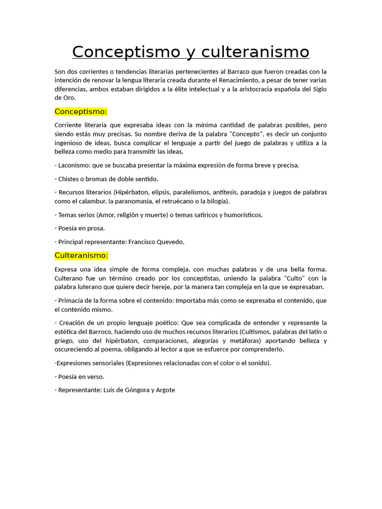 Conceptismo Y Culteranismo Pdf Clásicos Ficción General