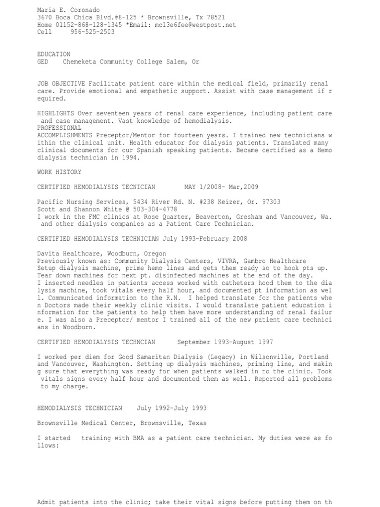 PCT/CCHT/Dialysis Tech or trainner Hemodialysis Nursing