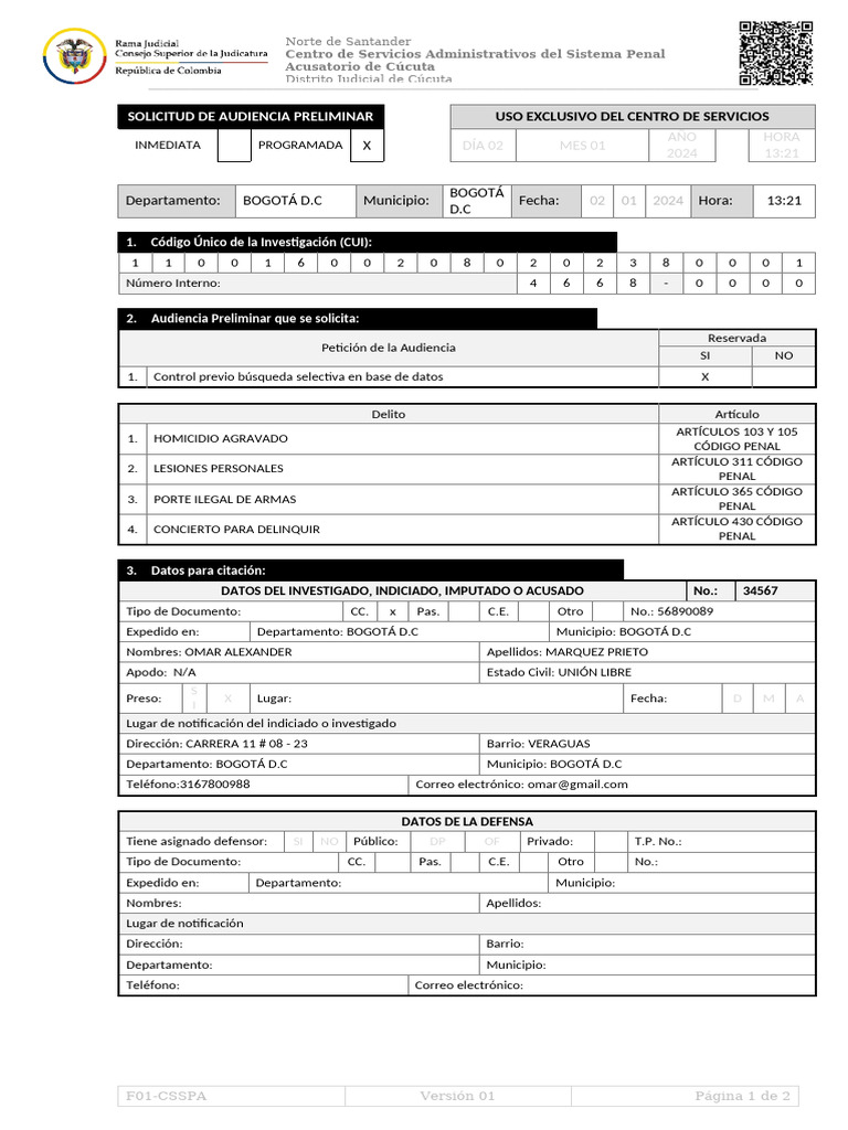 Solicitud De Audiencia Preliminar Pdf Bogotá