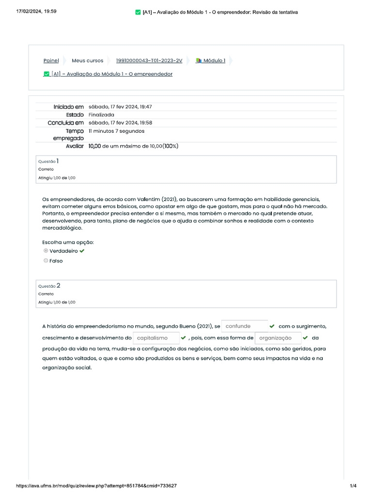 A1 Avaliacao Do Modulo 1 - O Empreendedor Revisao Da Tentativa | PDF