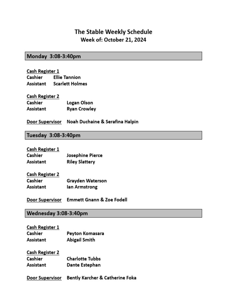 Weekly Cashier Schedule: Oct 21-25, 2024 | PDF | Mystery, Thriller ...