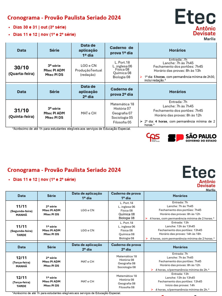 Cronograma - Provao Paulista 2024 | PDF | Ciências naturais | Science
