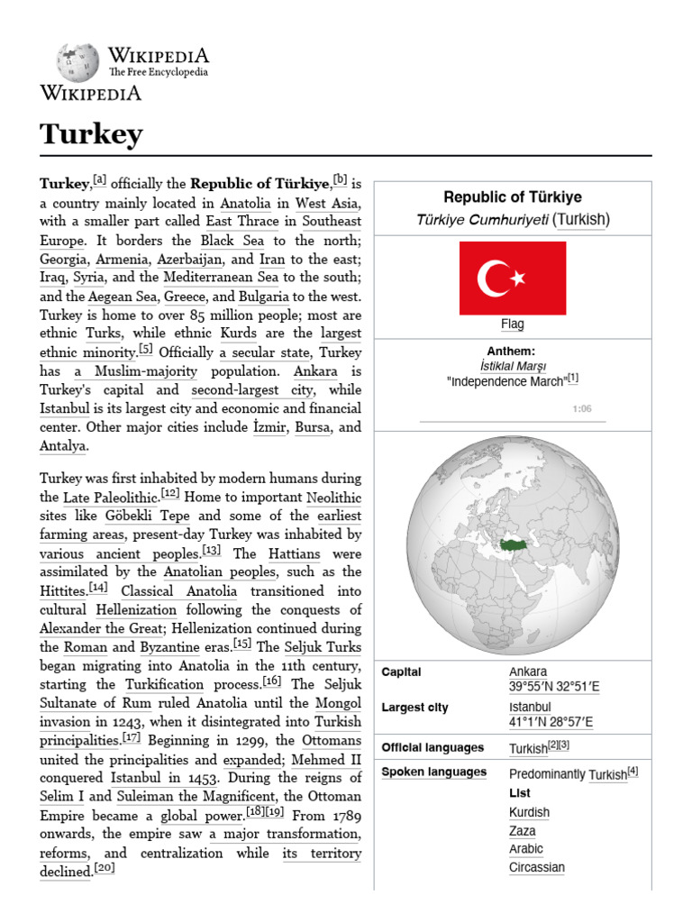 Turkey - Wikipedia | PDF | Turkey | Anatolia