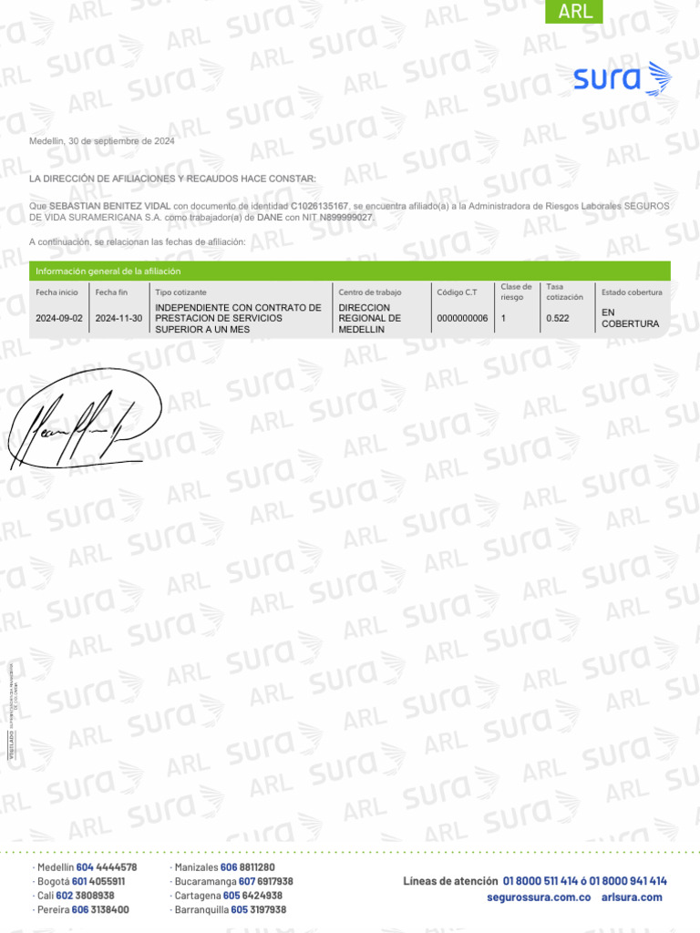 Certificado de Afiliación ARL Sura | PDF