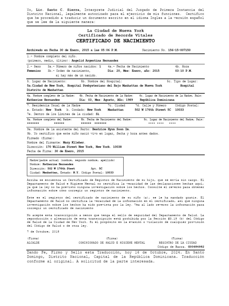 Traducción Certificado de Nacimiento de Angelid Argentina Hernandez ...