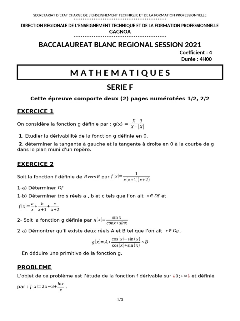 Épreuve de Maths Bac F2 2021 | PDF | Fonction (Mathématiques ...